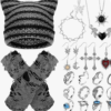 22-Piece Y2K Grunge Accessory Set: Black Knitted Cat Beanie with Ears, Ripped Gloves, Devil Horn Accessories, Earrings, Necklace, and Rings.